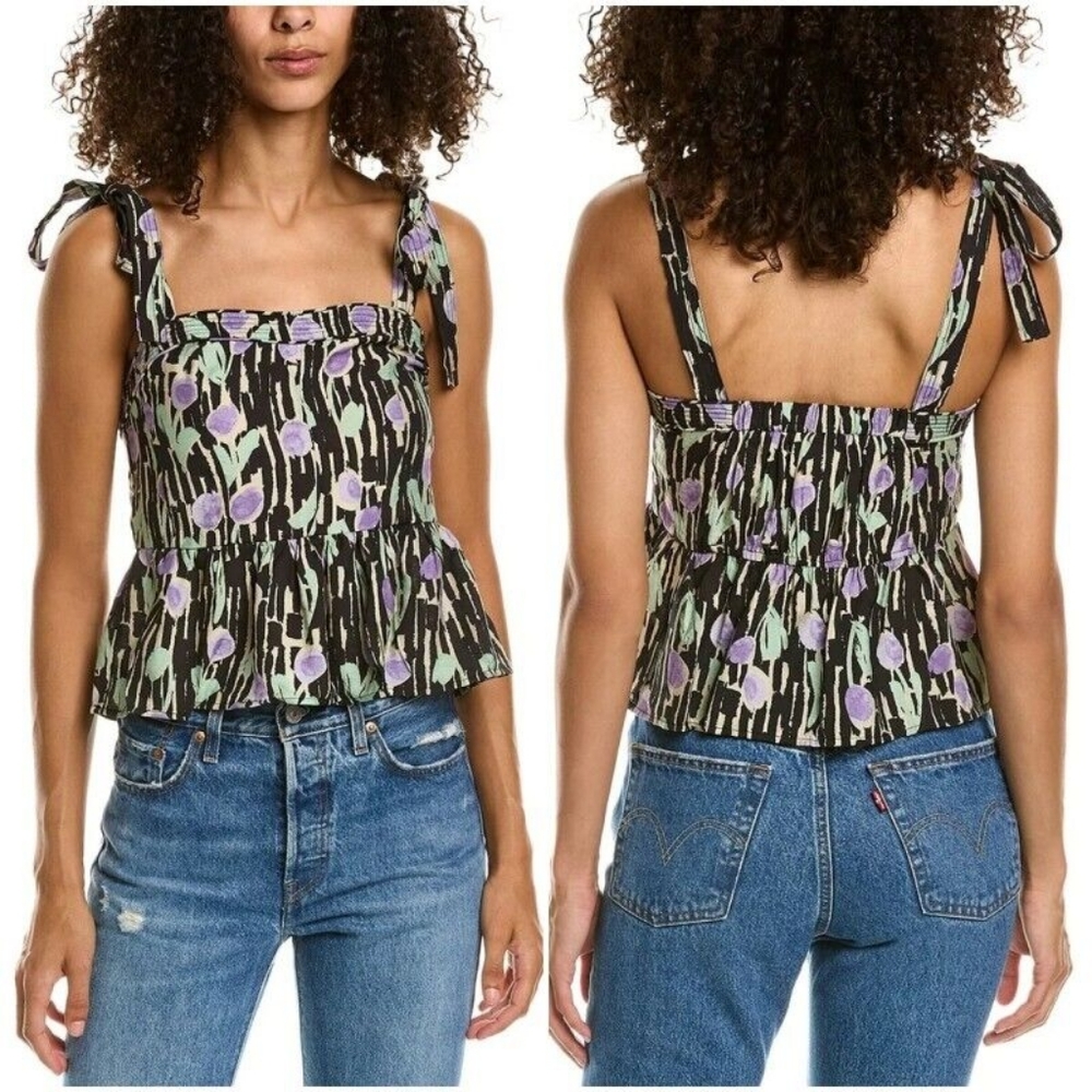 $78 MOON RIVER Tulip Peplum Tank Top Tie Straps Black Purple Floral Extra Small